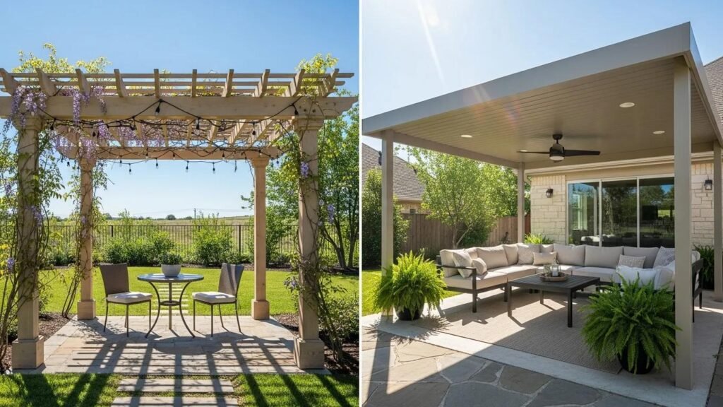 Backyard outdoor living space featuring a pergola with seating and a patio cover with a lounge area, illustrating options for shade solutions in Fort Worth.