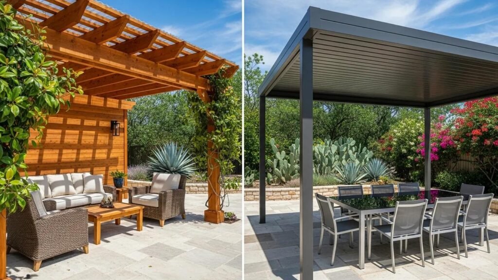Cedar and aluminum patio covers in a sunny Texas outdoor setting