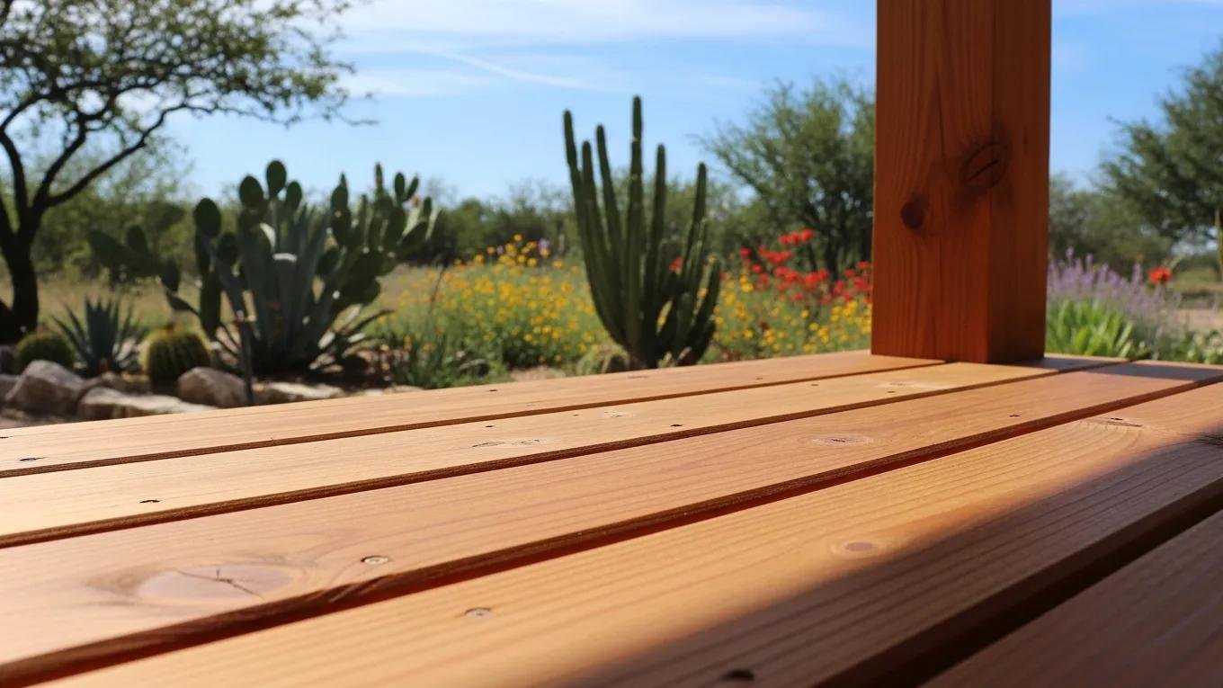 Close-up of a cedar patio cover demonstrating durability in a Texas garden
