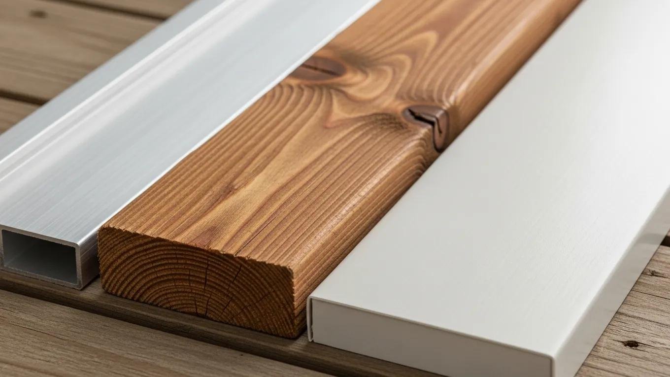 Close-up of aluminum, wood, and vinyl patio cover materials showcasing textures and colors