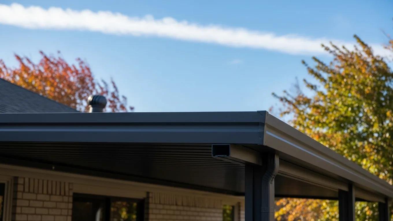 Close-up of durable aluminum patio cover in North Texas, surrounded by fall foliage