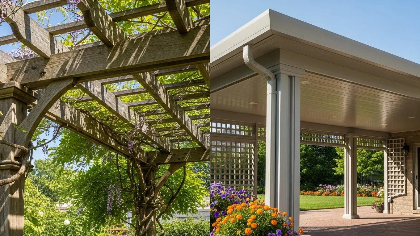 Close-up of pergola and patio cover designs, illustrating structural differences