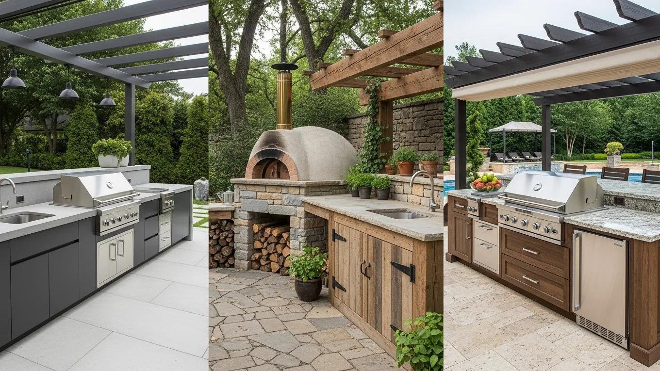 Collage of modern, rustic, and luxury outdoor kitchen designs showcasing unique features