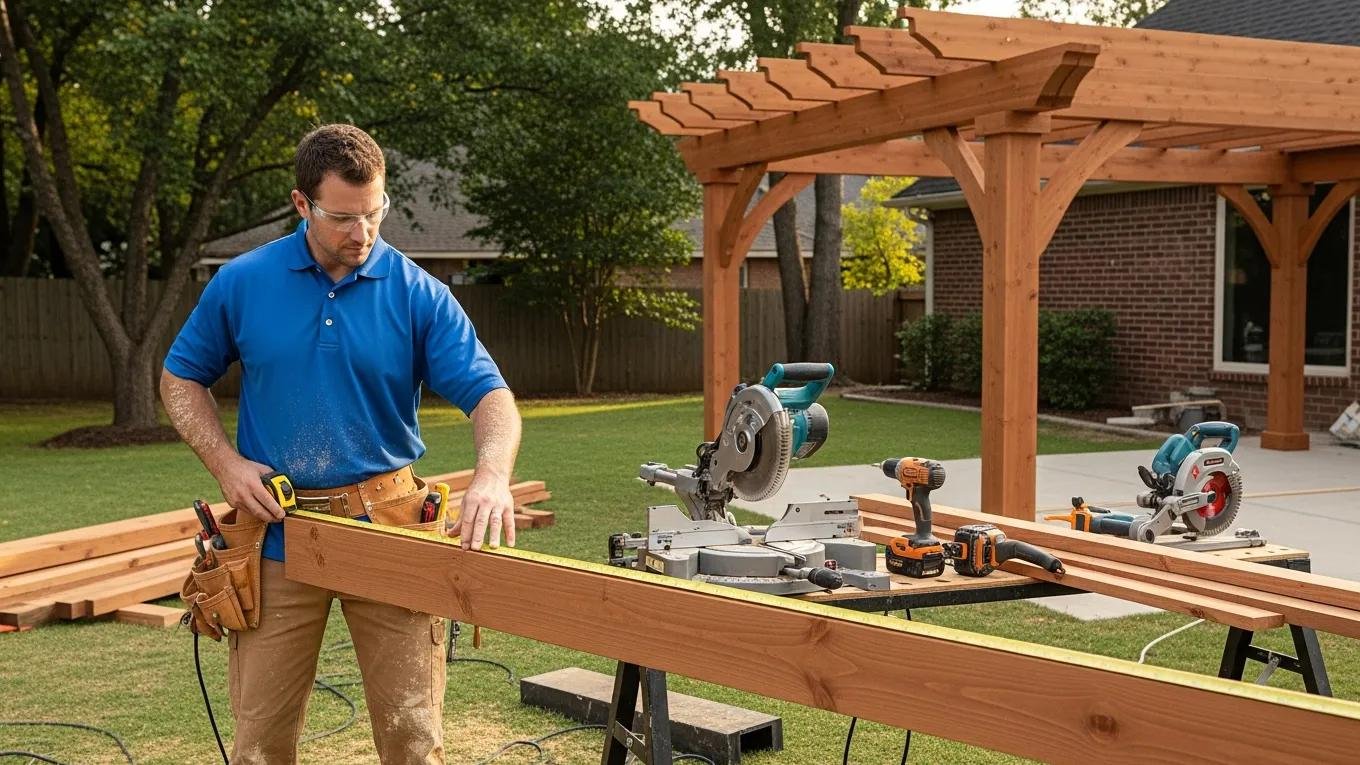 Contractor constructing a custom patio cover, highlighting quality craftsmanship and materials