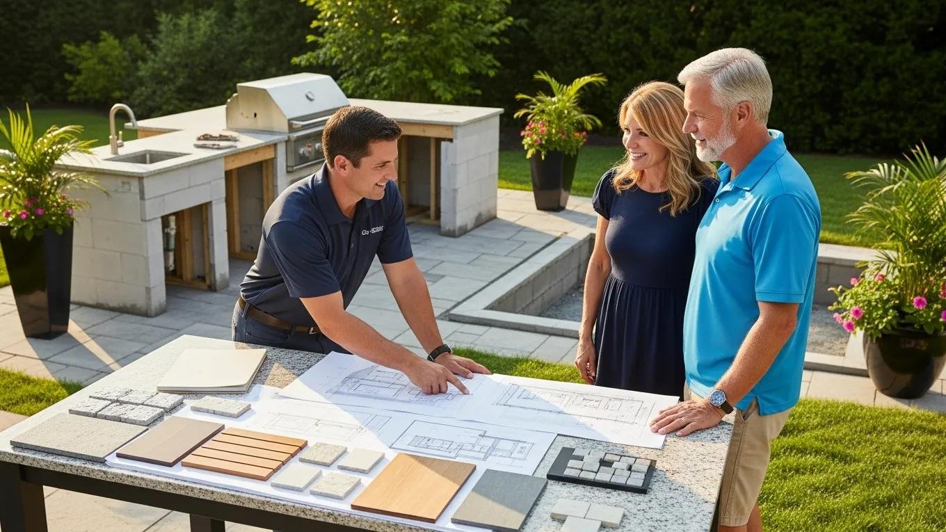 Contractor consulting with homeowners on outdoor kitchen design customization