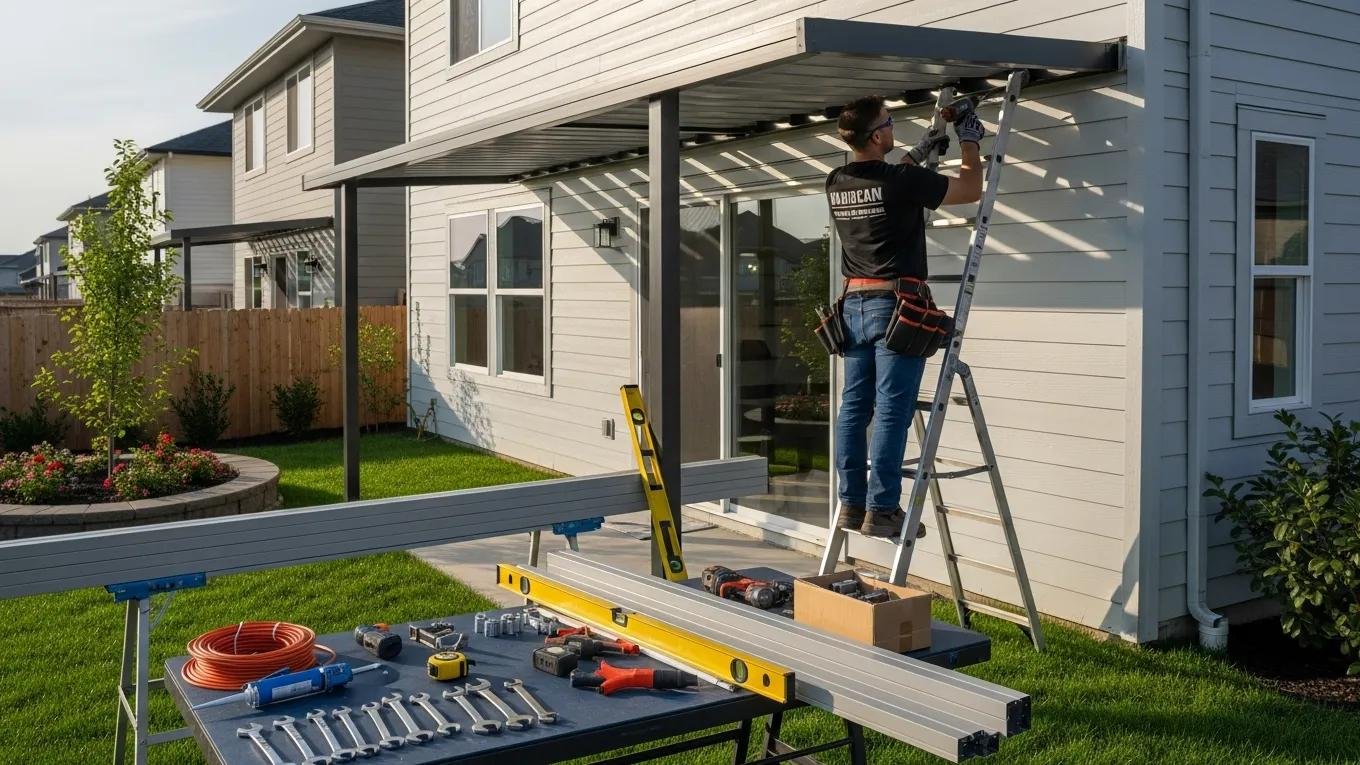 Contractor installing a patio cover, highlighting the installation process and tools used