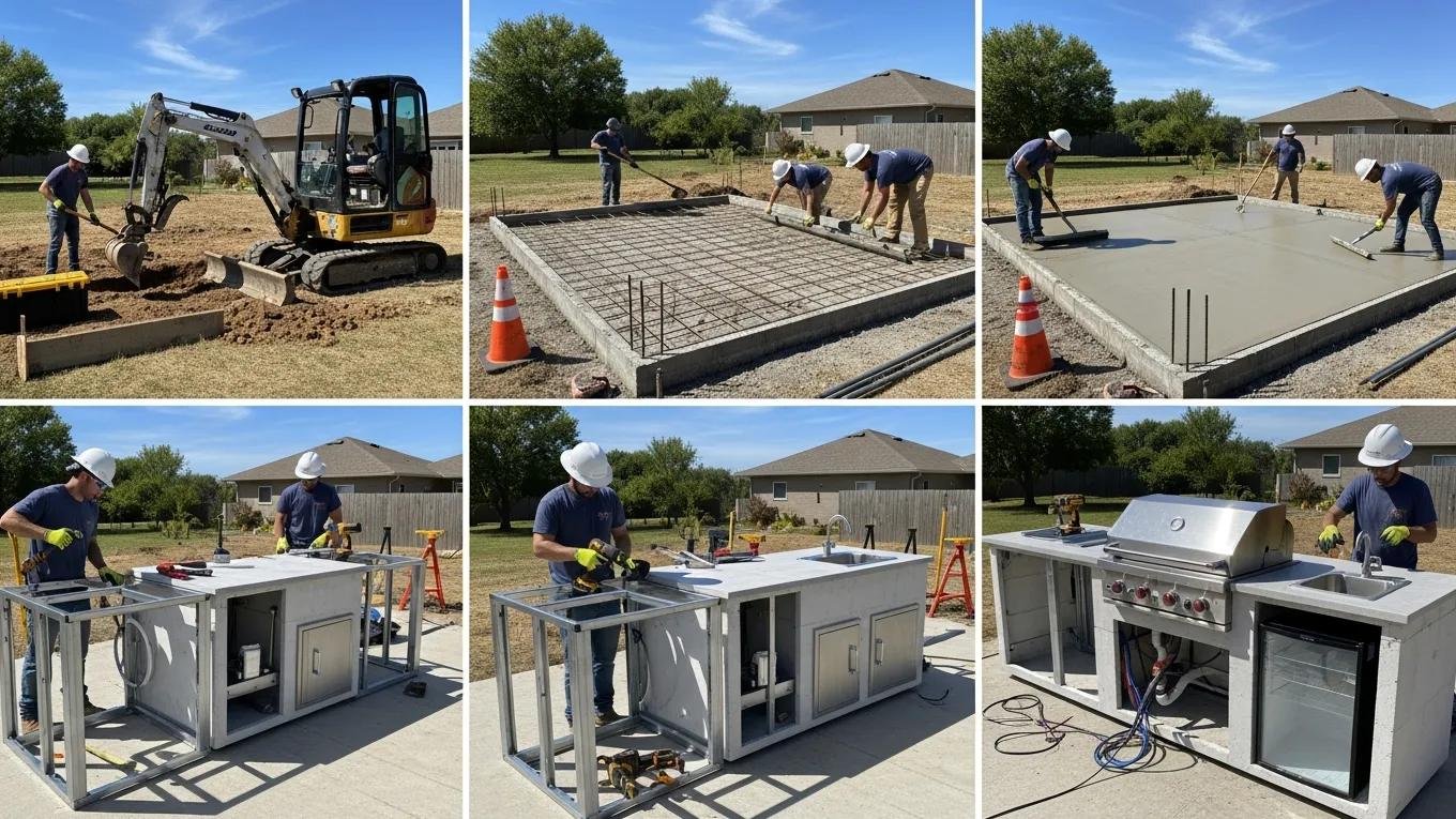 Contractors installing an outdoor kitchen with foundation and appliances