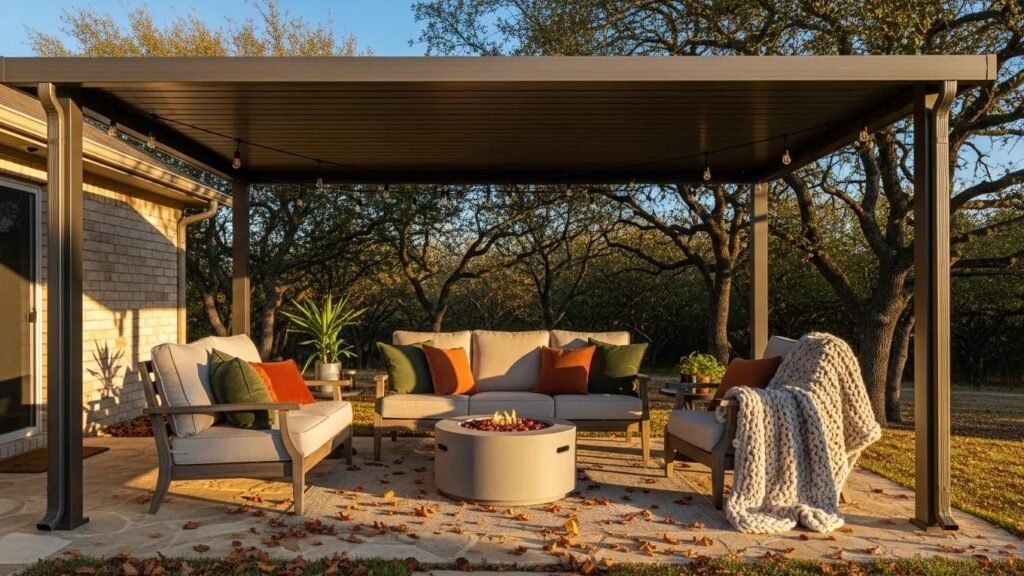 Cozy outdoor patio with aluminum cover in fall, showcasing comfortable seating and autumn decor
