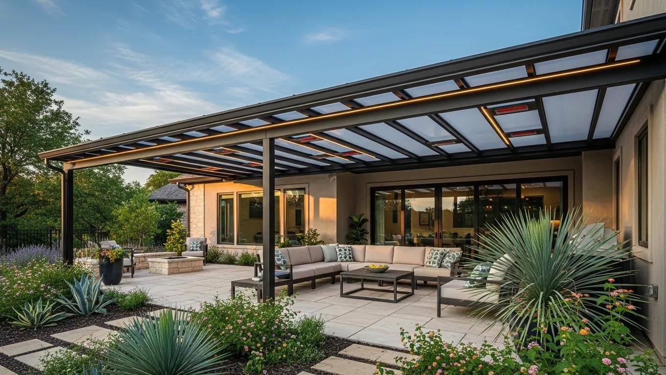 Custom long-span patio cover in Fort Worth backyard with unique features and stylish design