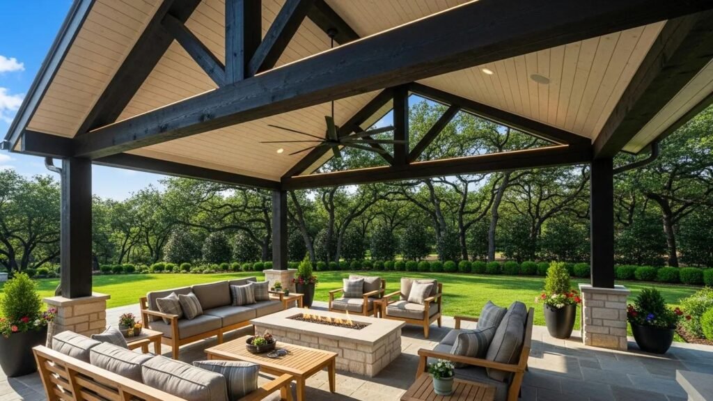 Custom patio cover with wooden beams, outdoor seating area, fire pit, and landscaped garden in Southlake, TX, enhancing outdoor living space.
