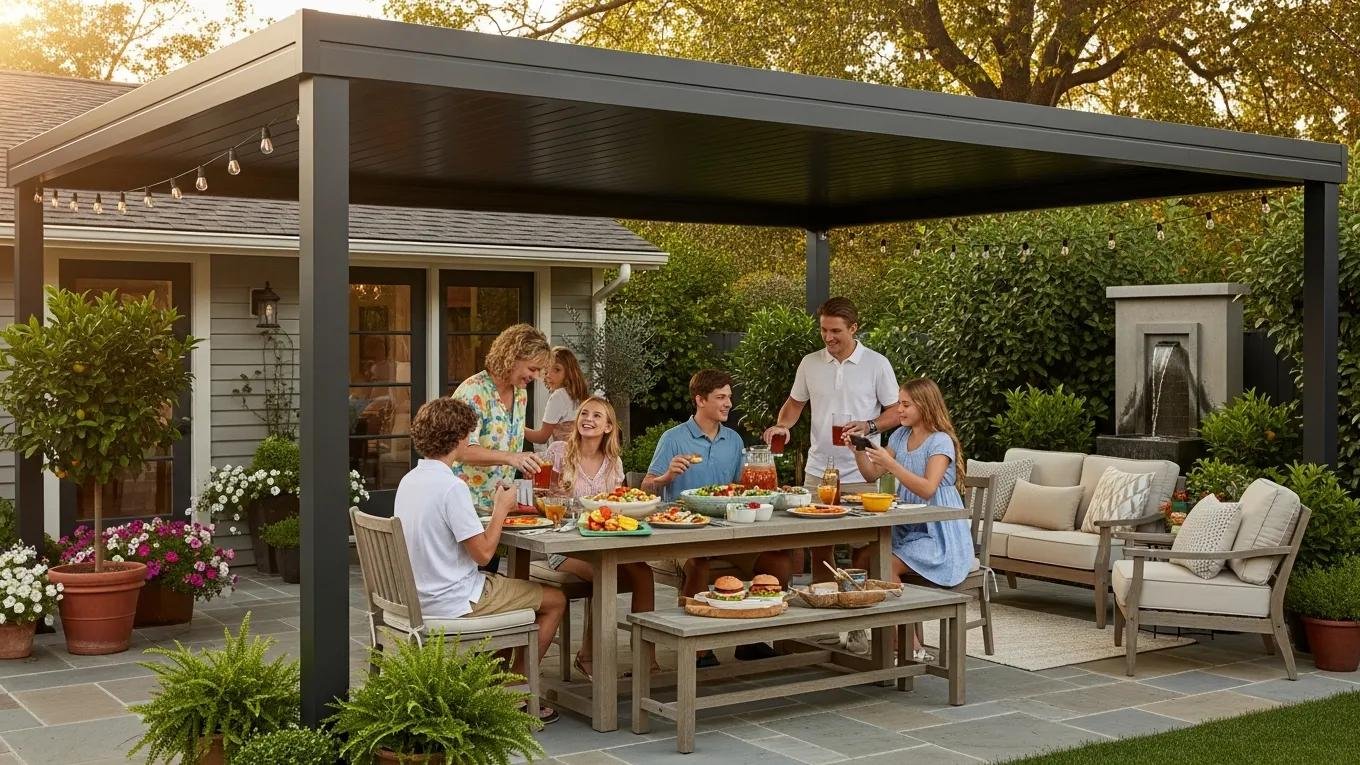 Family enjoying outdoor space under an aluminum patio cover in Southlake, TX