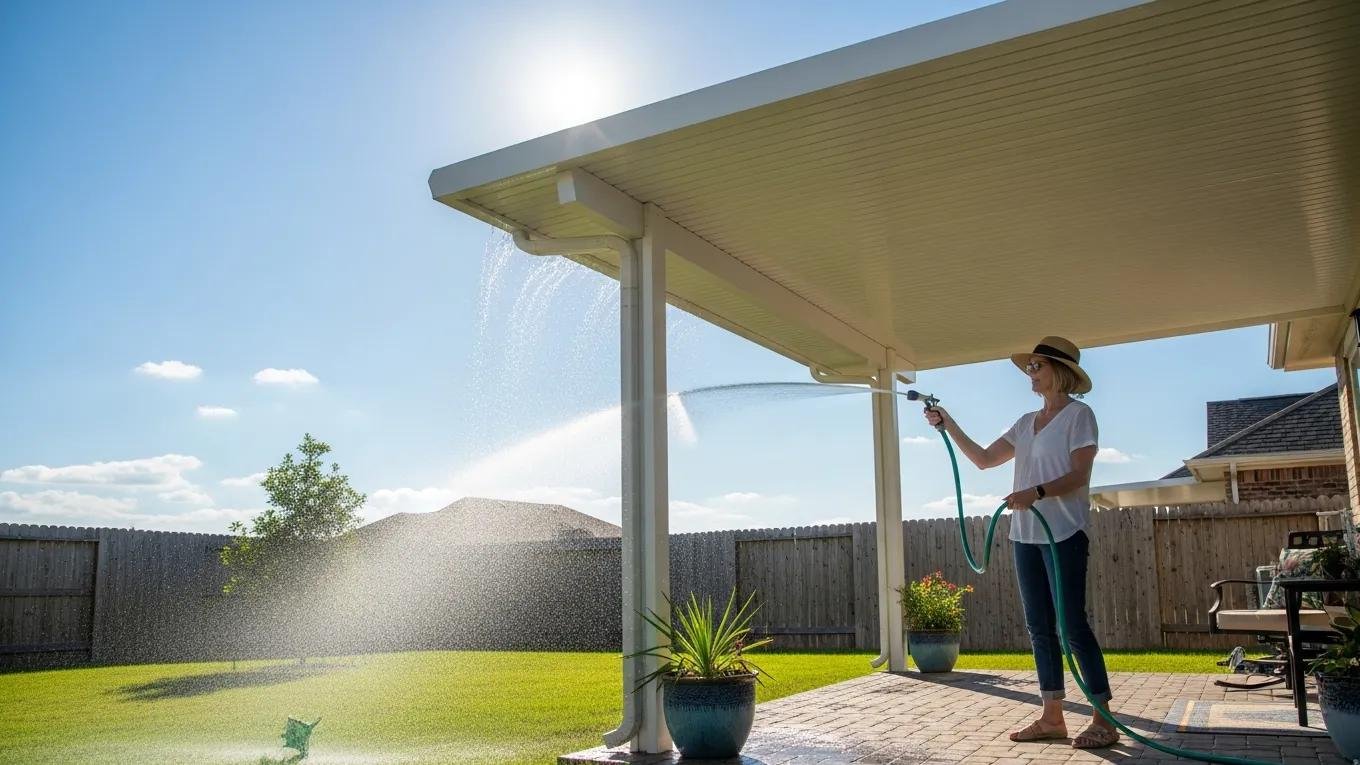 Homeowner cleaning an aluminum patio cover in a Texas backyard