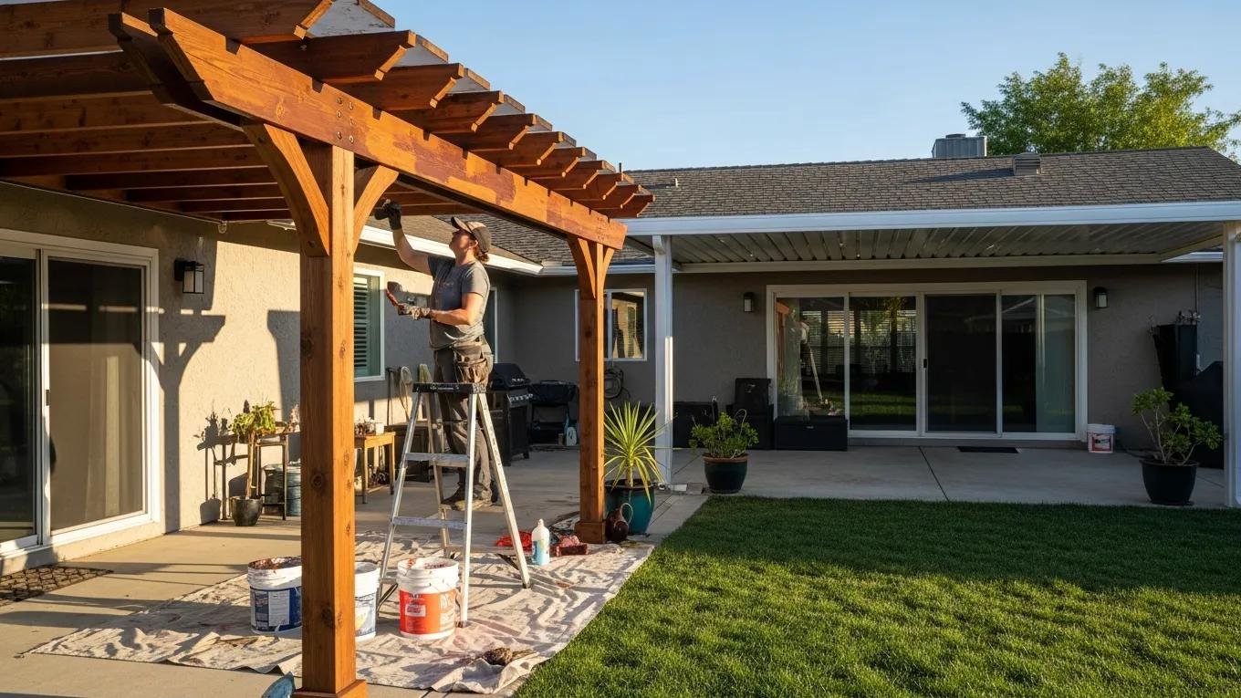 Homeowner maintaining a wooden pergola, highlighting maintenance differences with patio covers