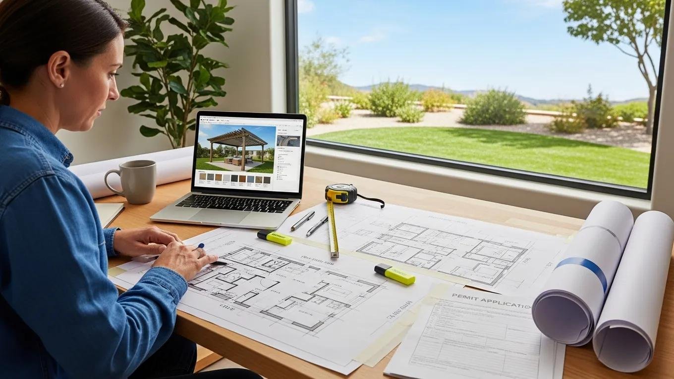 Homeowner preparing patio cover permit application documents