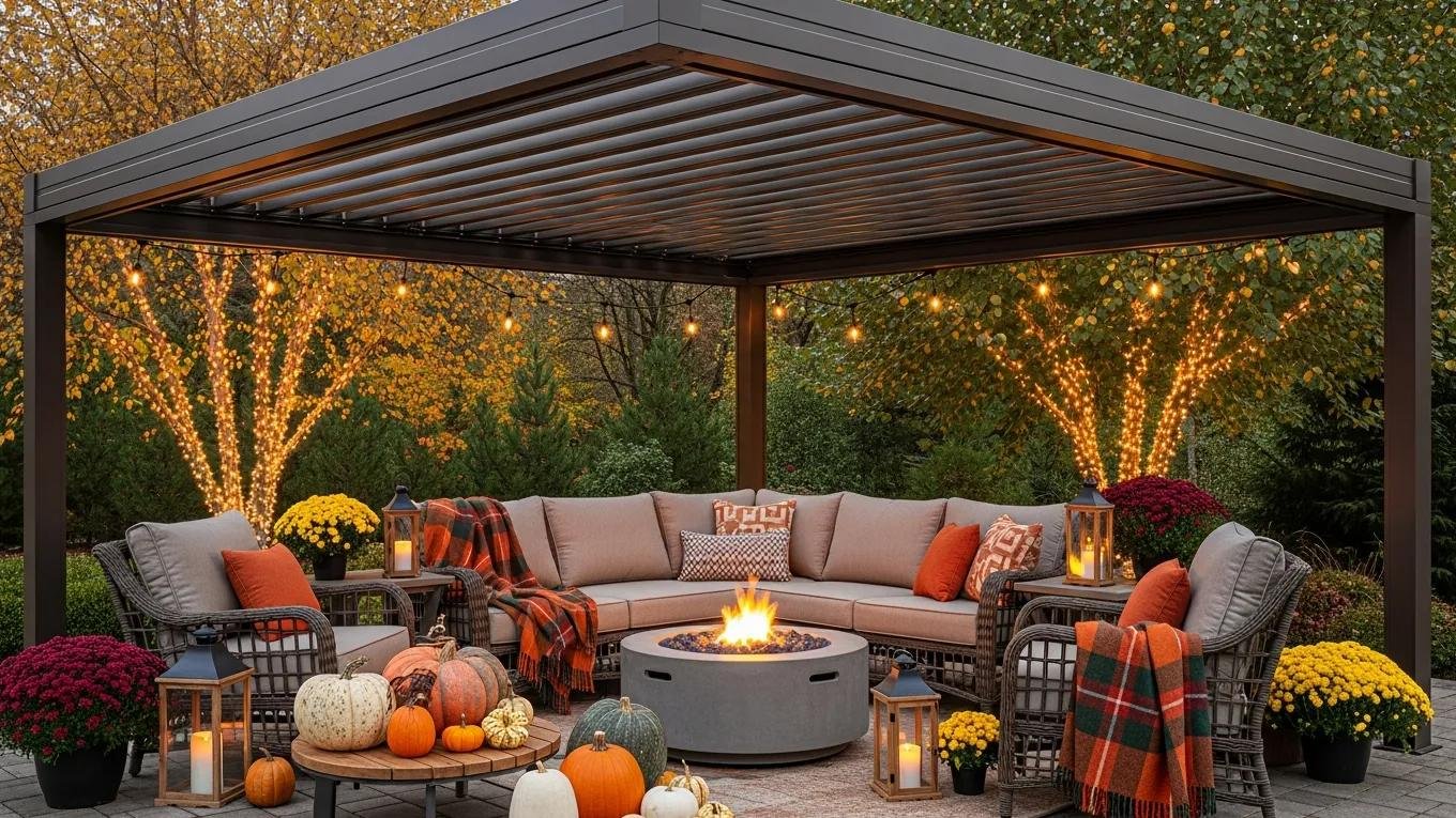 Inviting outdoor living space with aluminum patio cover, fire pit, and fall decorations