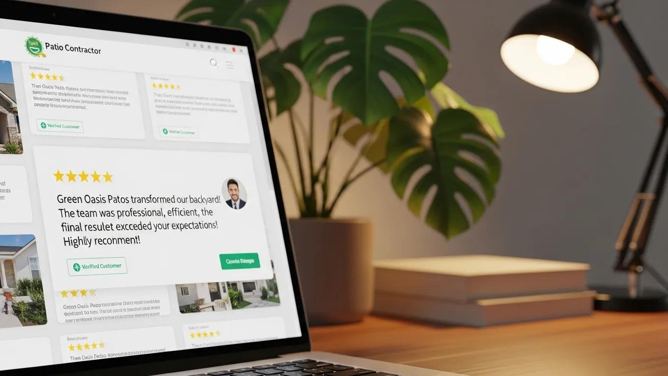 Laptop screen displaying positive customer reviews for patio contractor