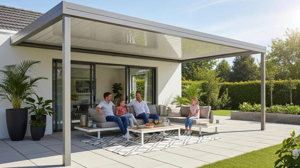 Long-span patio cover providing extensive outdoor coverage with family enjoying the space