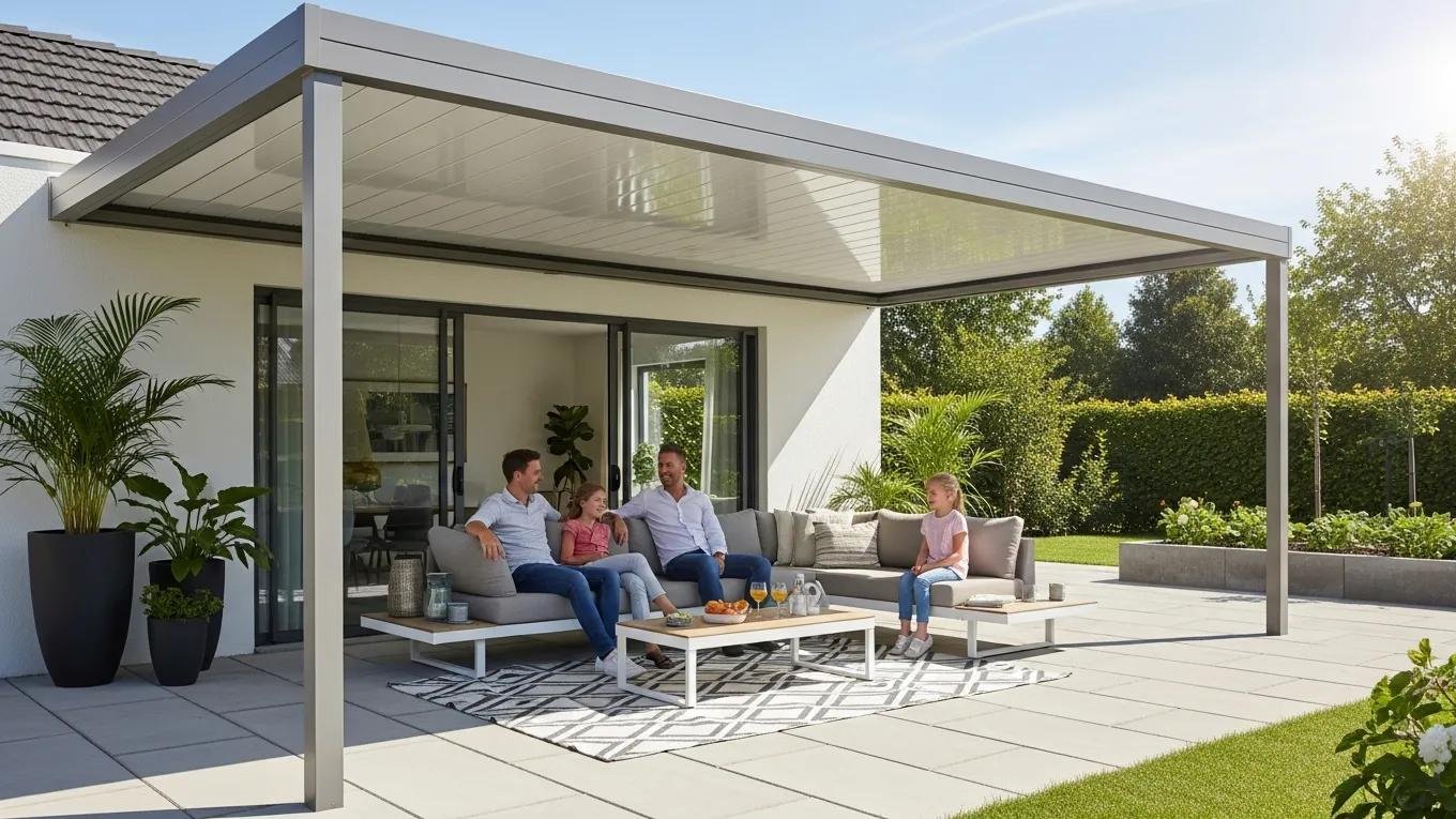 Long-span patio cover providing extensive outdoor coverage with family enjoying the space