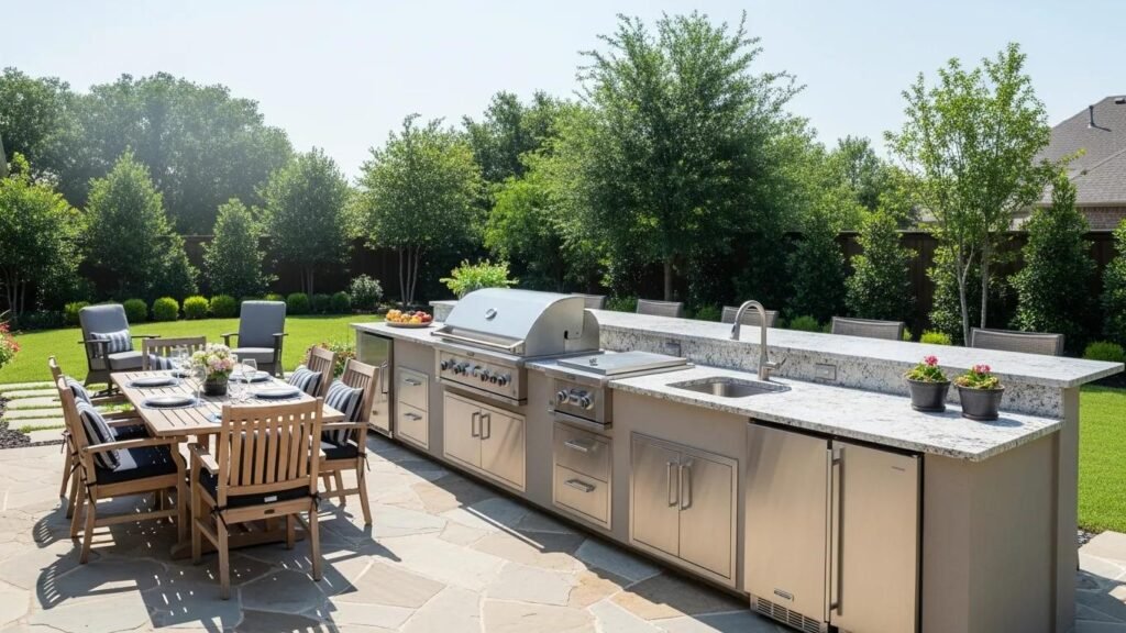 Modern outdoor kitchen in Fort Worth with stainless steel appliances and inviting dining area
