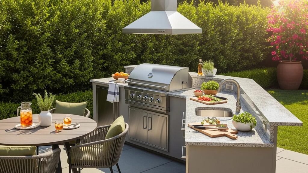 Modern outdoor kitchen setup with grill and seating in a sunny backyard