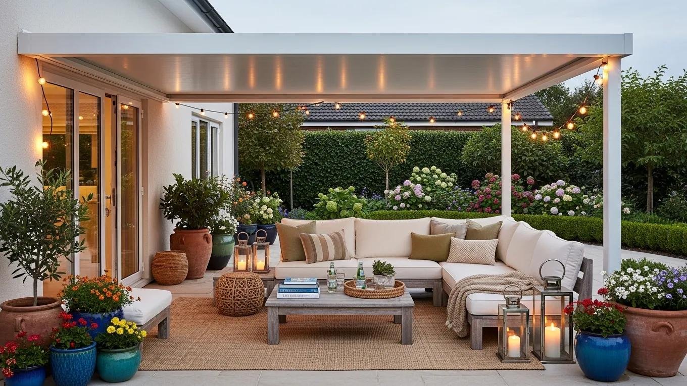 No post patio cover enhancing outdoor living space with cozy seating and decor
