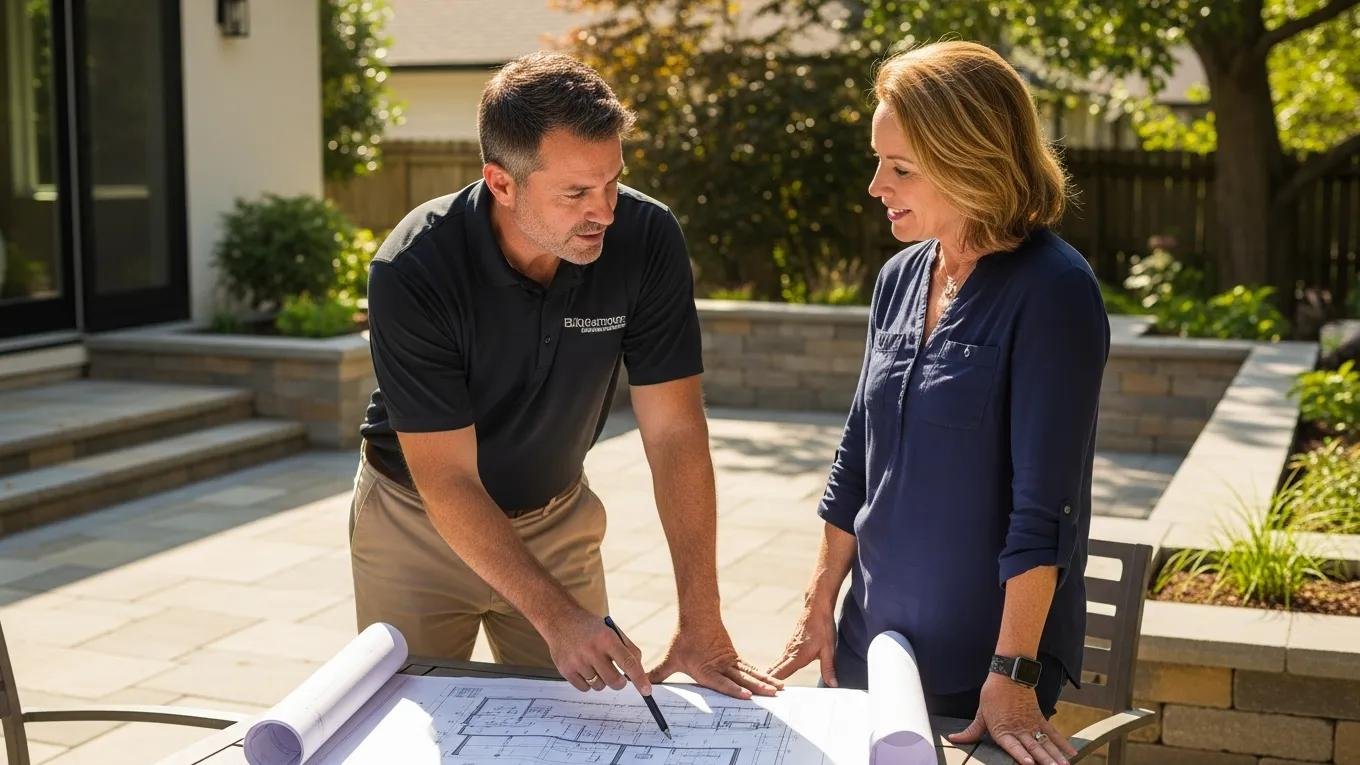 Patio contractor discussing project details with homeowner on a patio