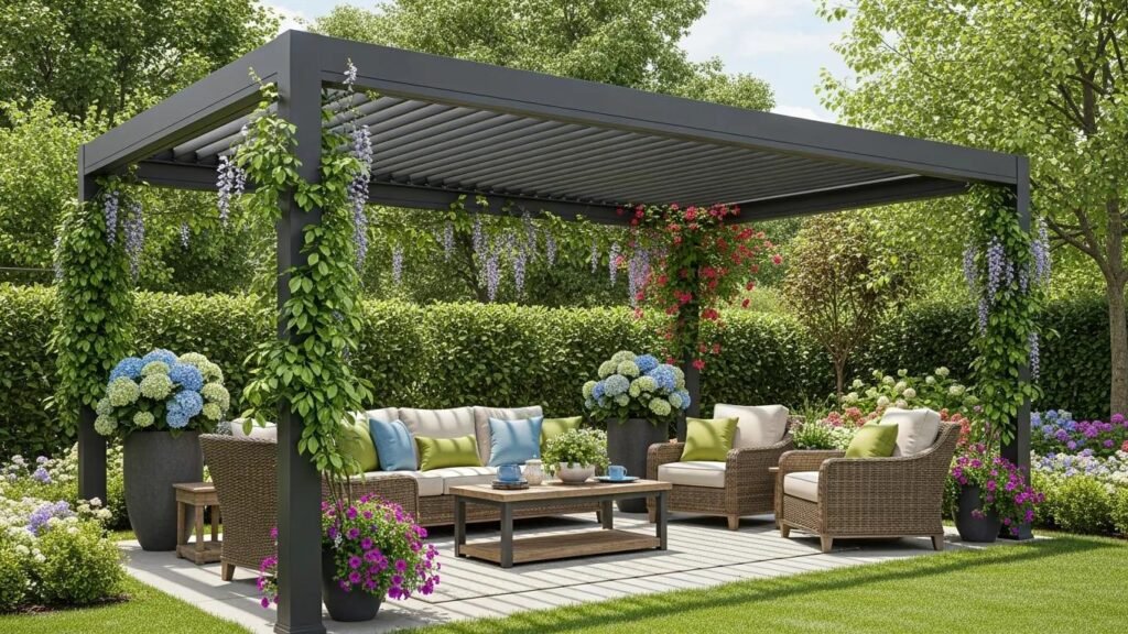 Stunning aluminum pergola in a vibrant backyard, enhancing outdoor living spaces