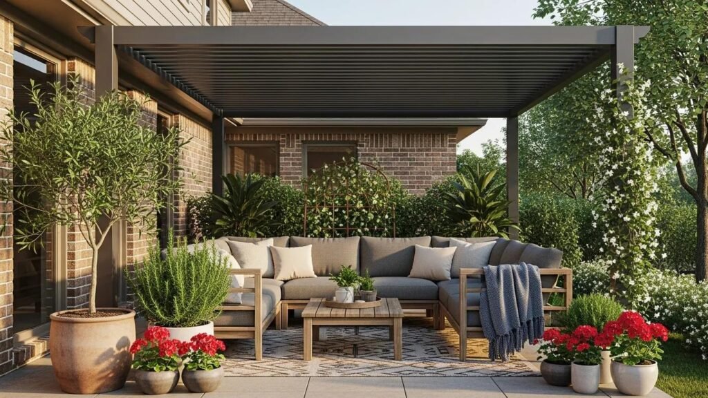 Stylish aluminum patio cover enhancing outdoor living space with cozy seating, surrounded by greenery and vibrant flowers, ideal for DFW homes.
