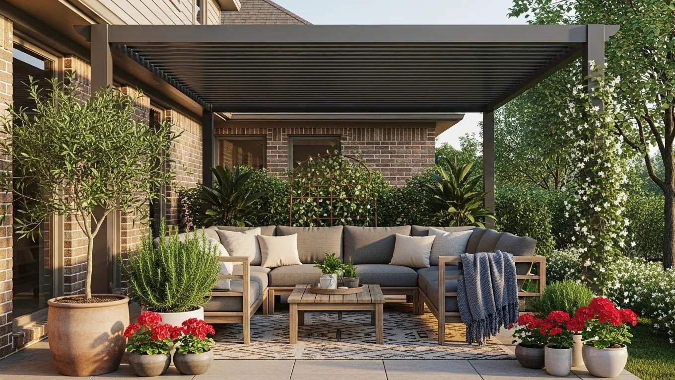 Stylish aluminum patio cover enhancing outdoor living space with cozy seating and greenery