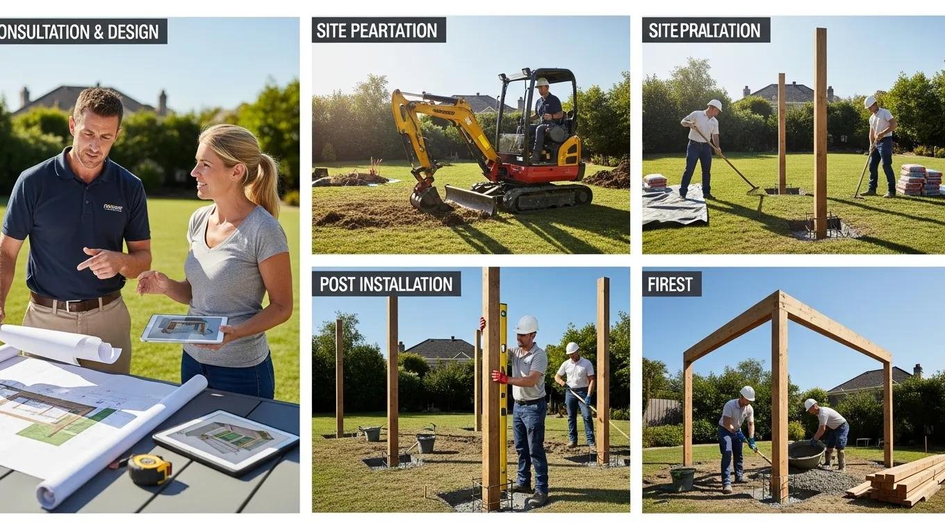 Visual representation of pergola installation process, from consultation to construction
